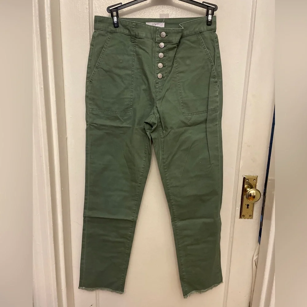 LOFT Monroe Slim Button Front Chino Utility Pants - Balsam Green .